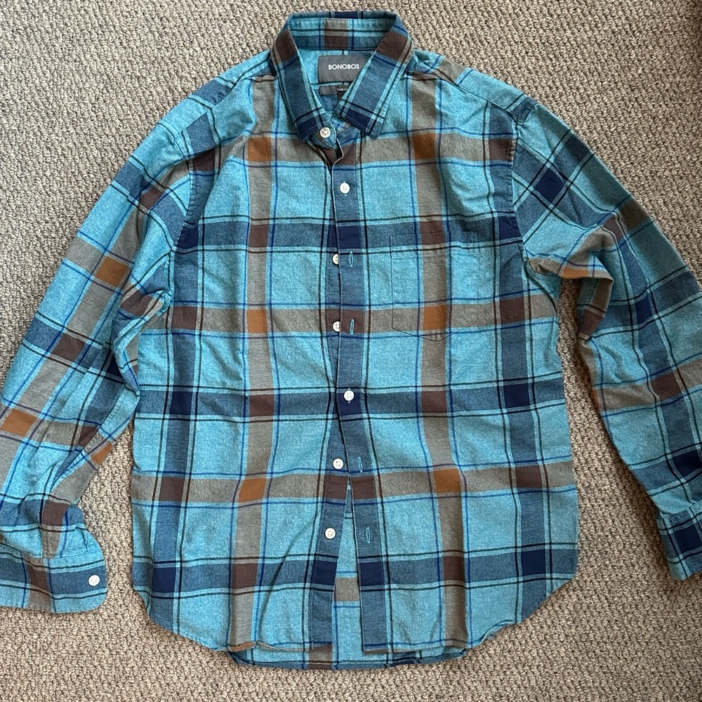 Bonobos Teal and Brown Plaid Button-Down Shirt